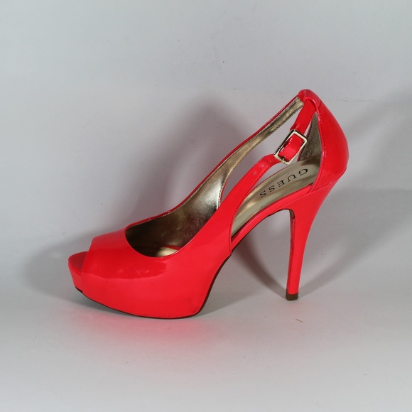 GUESS HONDO PEEP TOE NEON ORANGE HEELS PUMPS 8.5 - Picture 6 of 8